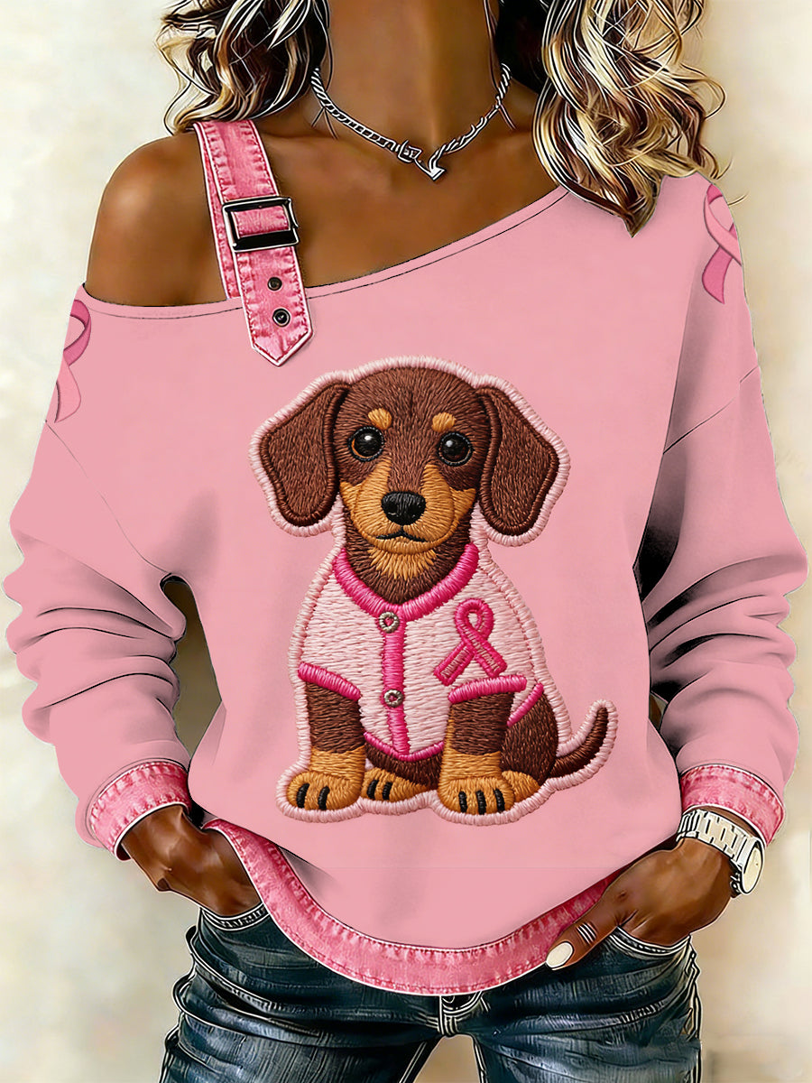Câncer de mama feminino impresso um ombro Suspender Casual Sweater