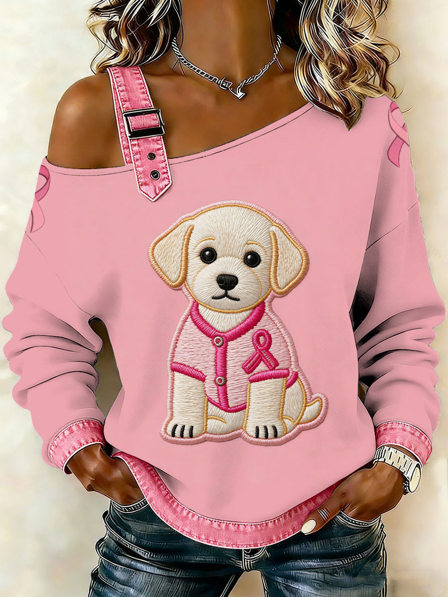 Câncer de mama feminino impresso um ombro Suspender Casual Sweater