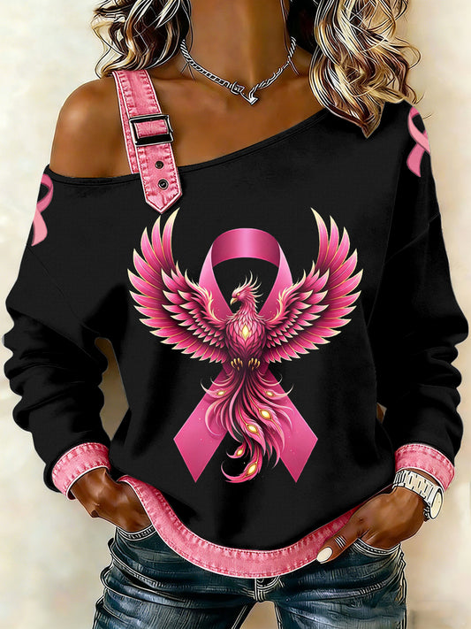 Câncer de mama feminino impresso um ombro Suspender Casual Sweater