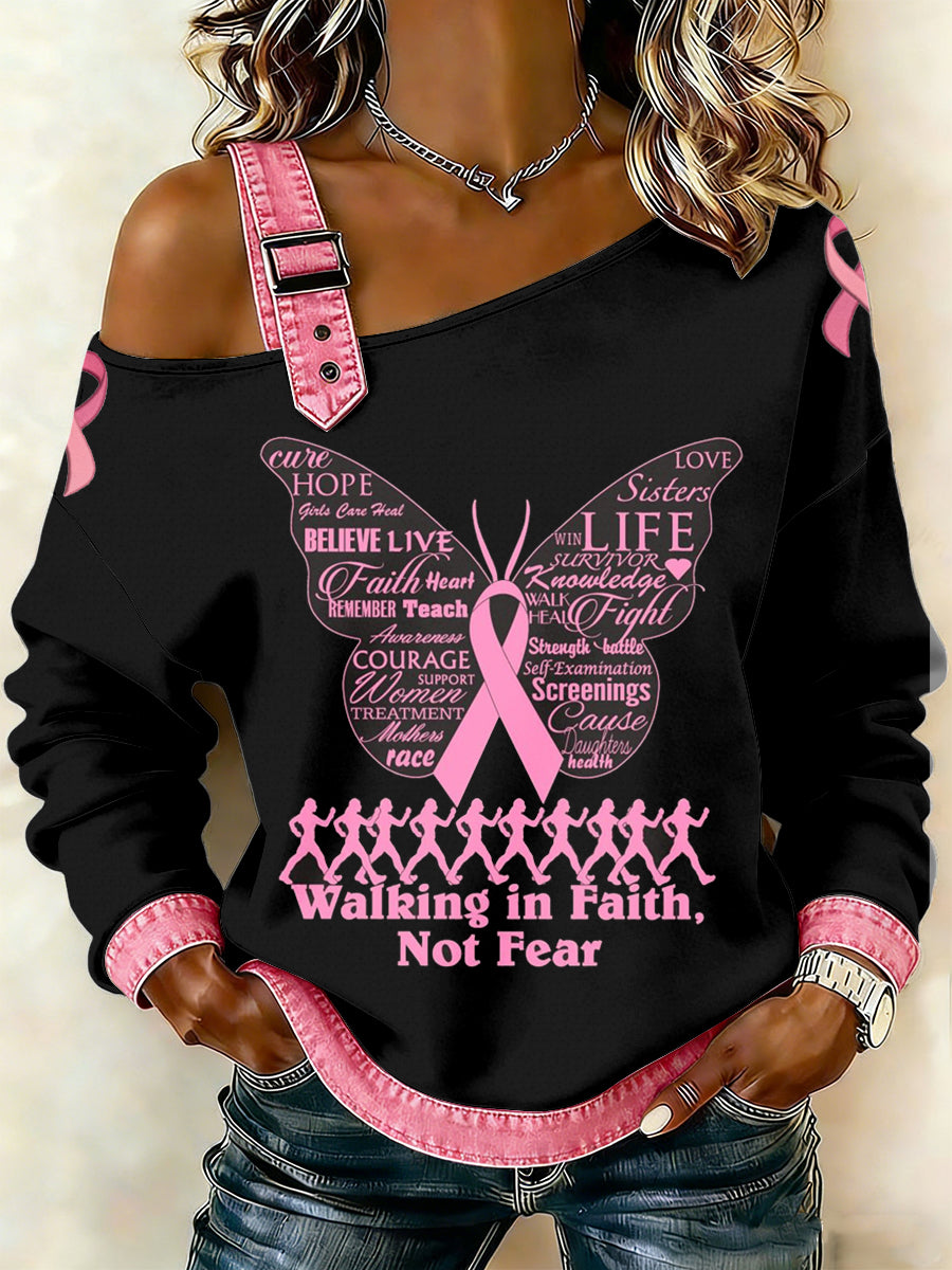 Câncer de mama feminino impresso um ombro Suspender Casual Sweater