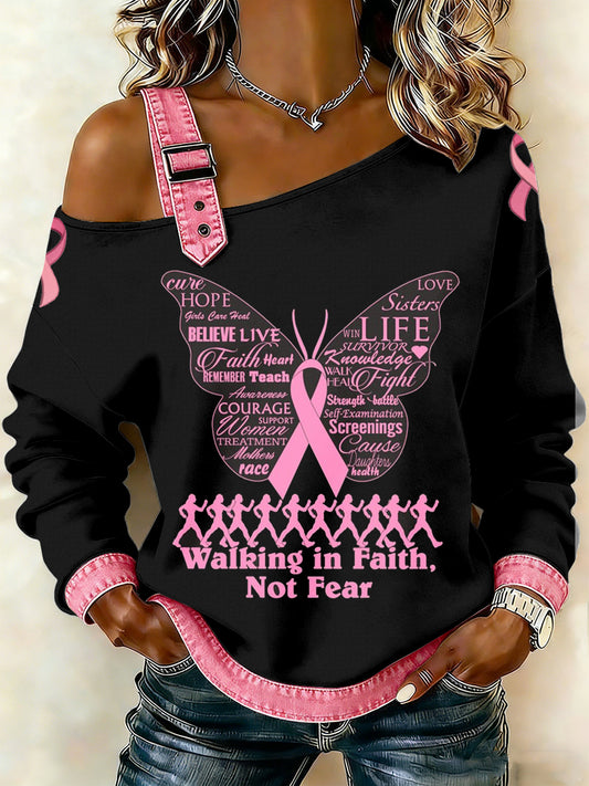 Câncer de mama feminino impresso um ombro Suspender Casual Sweater