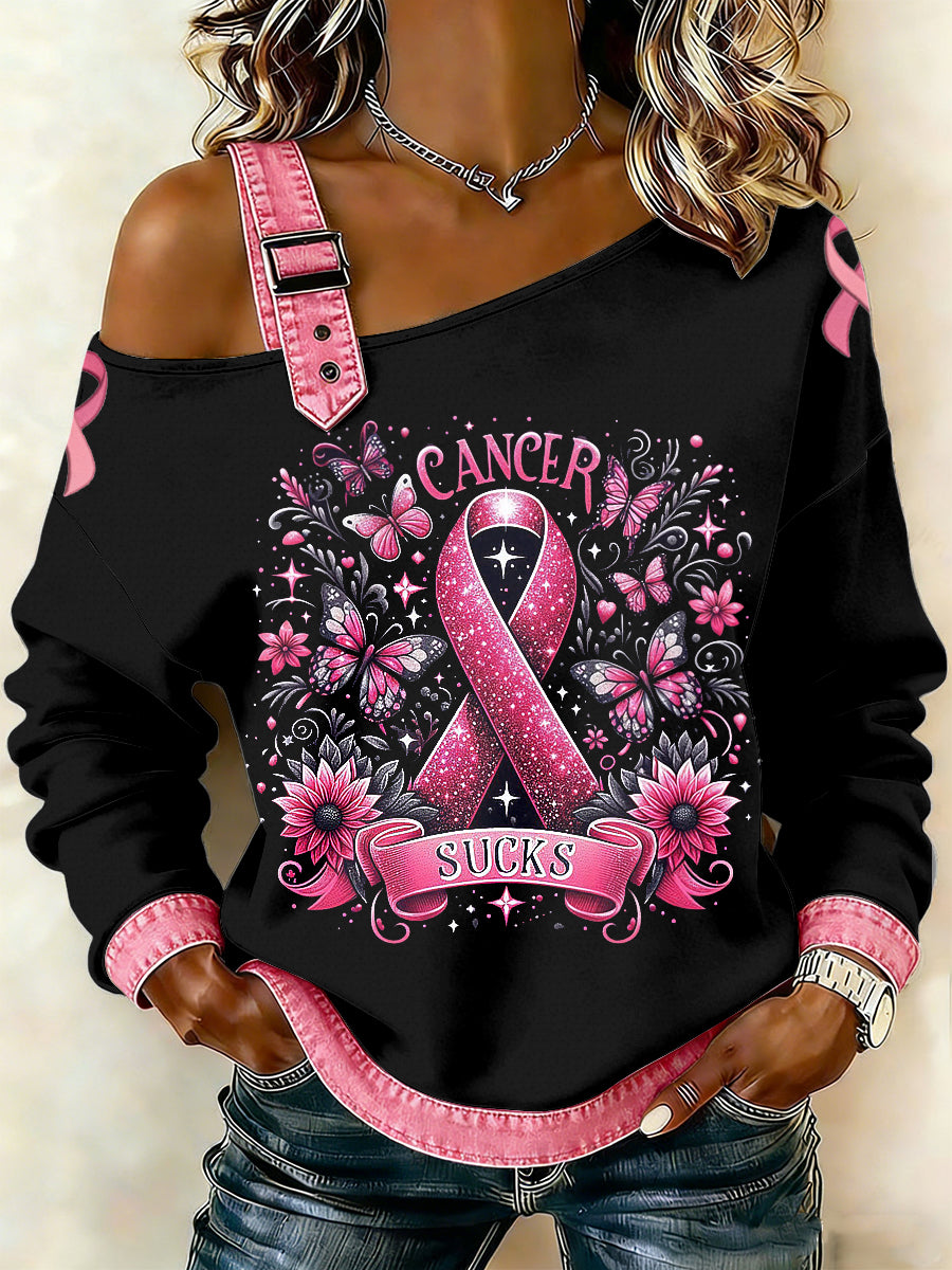 Câncer de mama feminino impresso um ombro Suspender Casual Sweater