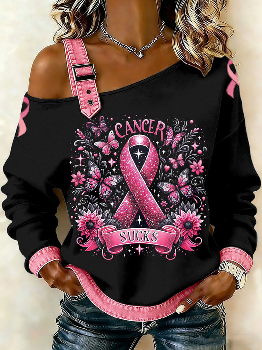 Câncer de mama feminino impresso um ombro Suspender Casual Sweater