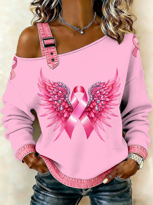 Câncer de mama feminino impresso um ombro Suspender Casual Sweater