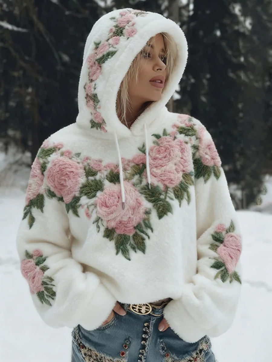 Boho rosa Floral Art flanela Hoodie das mulheres