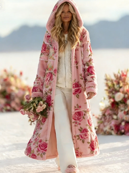 Patchwork Floral impressão pelúcia casaco com capuz feminino