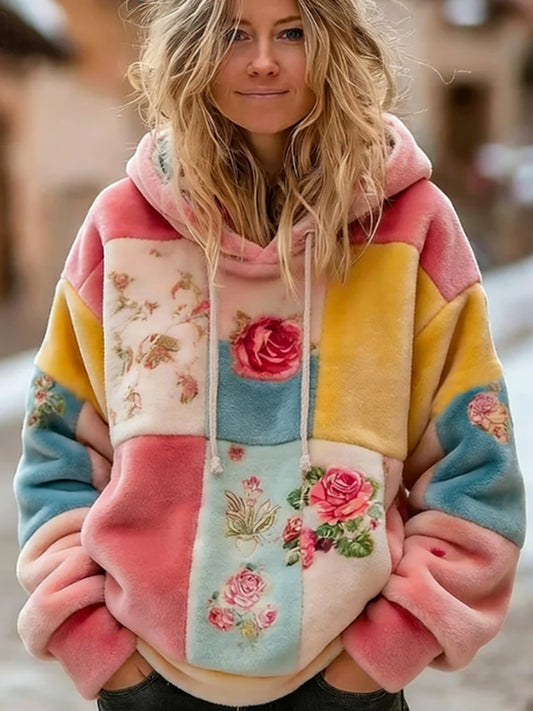 Hoodie de flanela padrão retro boêmio Floral feminino