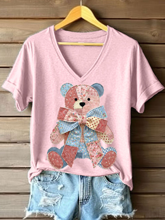 Patchwork Floral bonito urso padrão v-Neck t-shirt do mulheres
