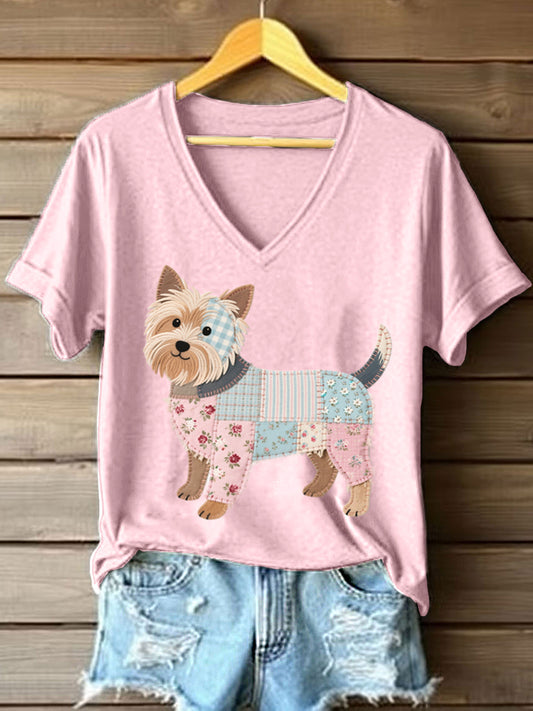 Patchwork arte Yorkshire Terrier padrão v-Neck t-shirt do mulheres
