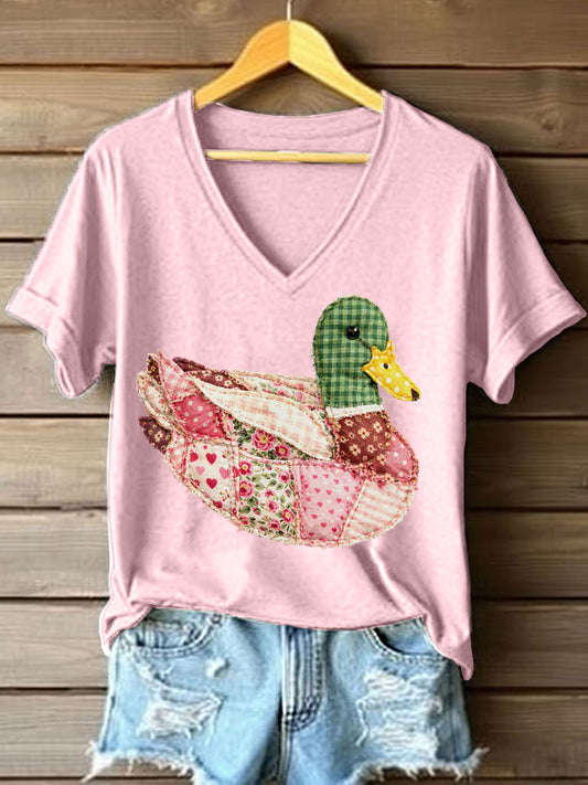 Patchwork Vintage pato Mallard padrão t-shirt v-Neck feminino