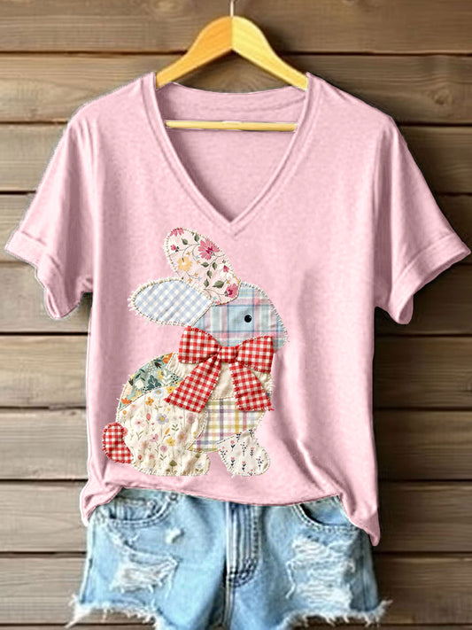 Patchwork Vintage coelho padrão v-Neck t-shirt feminino