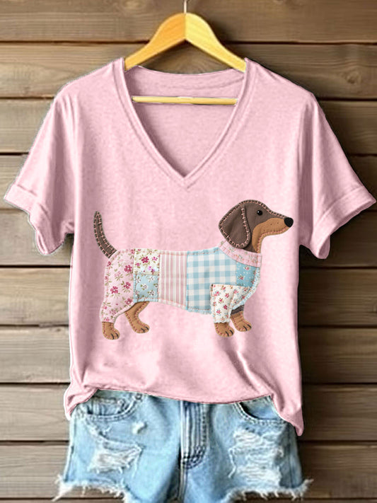 Patchwork arte Dachshund padrão v-Neck t-shirt do mulheres