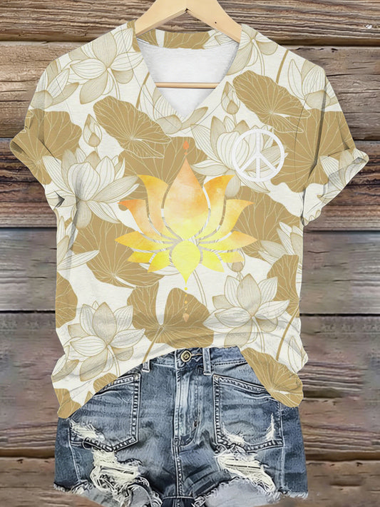 Camisola de manga curta com decote em v feminino com impressão do elemento "Caminhada pela Paz".