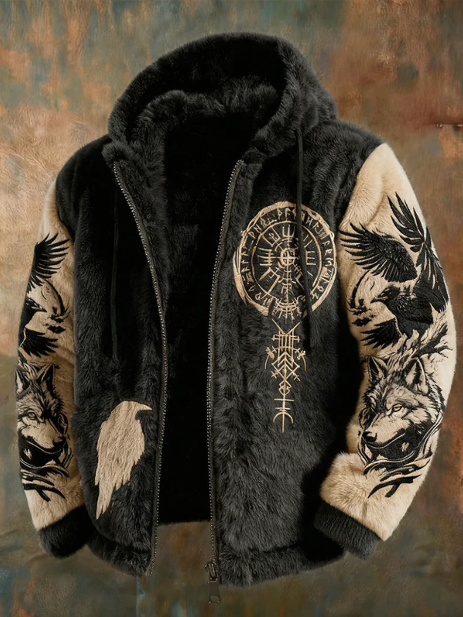 Viking tribal Jacquard corvo do homens inspirado pelúcia quente zipado casaco com capuz