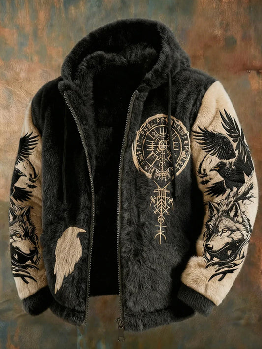 Viking tribal Jacquard corvo do homens inspirado pelúcia quente zipado casaco com capuz