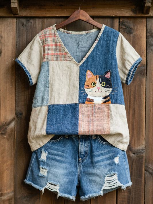 Adorável gato padrão Patchwork Art V-Neck Top feminino