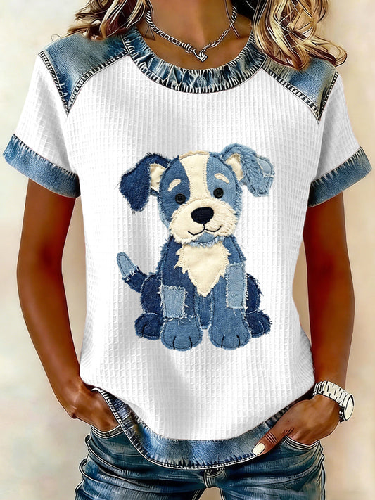 Adorável cão padrão Patchwork Art Top das mulheres