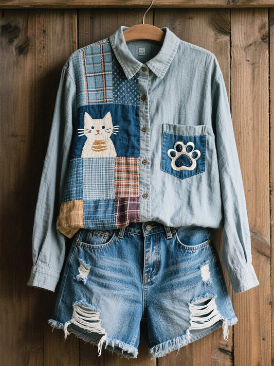 Adorável gato padrão Patchwork Art linho mistura camisa do mulheres