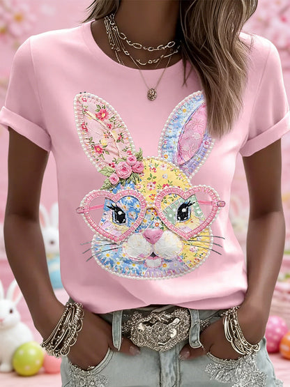 Páscoa das mulheres Floral Bunny Patchwork Imprimir Casual Tee