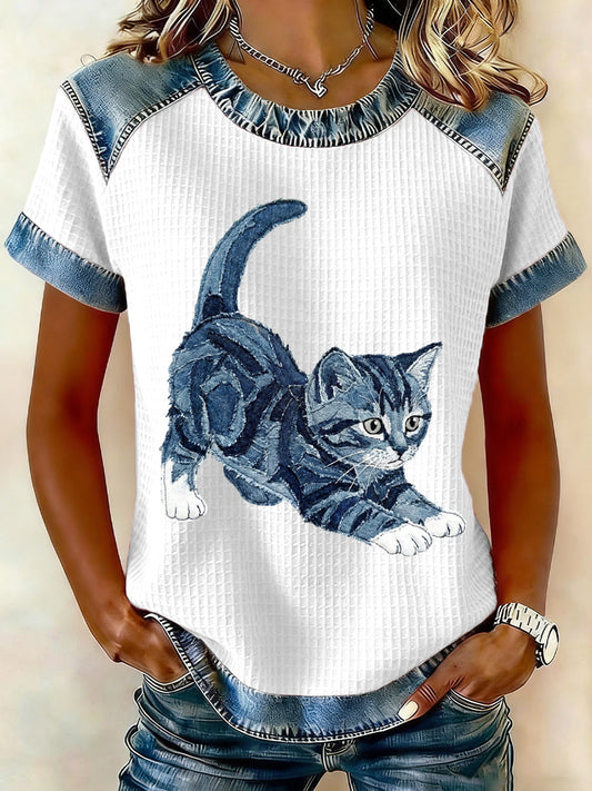Adorável gato padrão Denim Patchwork Top das mulheres