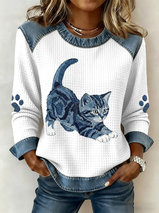Adorável gato padrão Denim Patchwork arte moletom das mulheres
