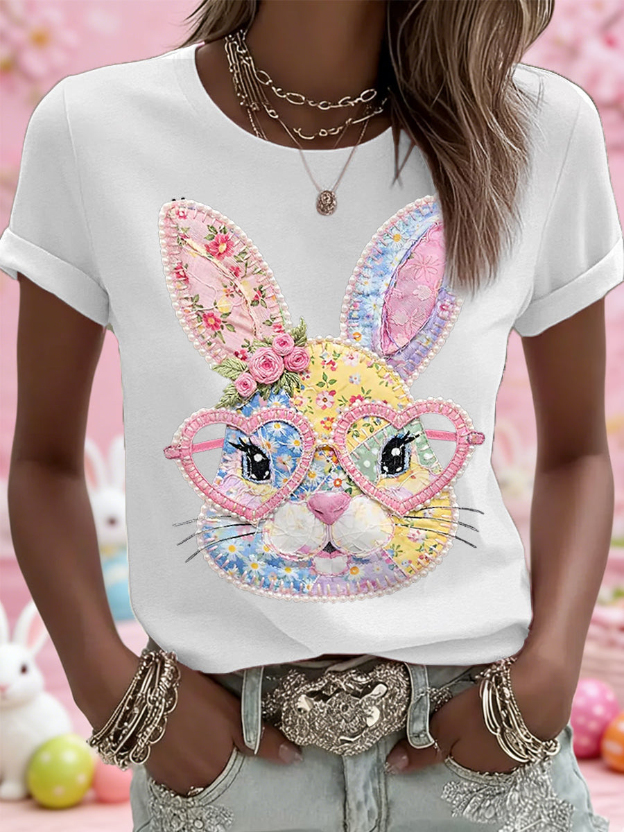 Páscoa das mulheres Floral Bunny Patchwork Imprimir Casual Tee
