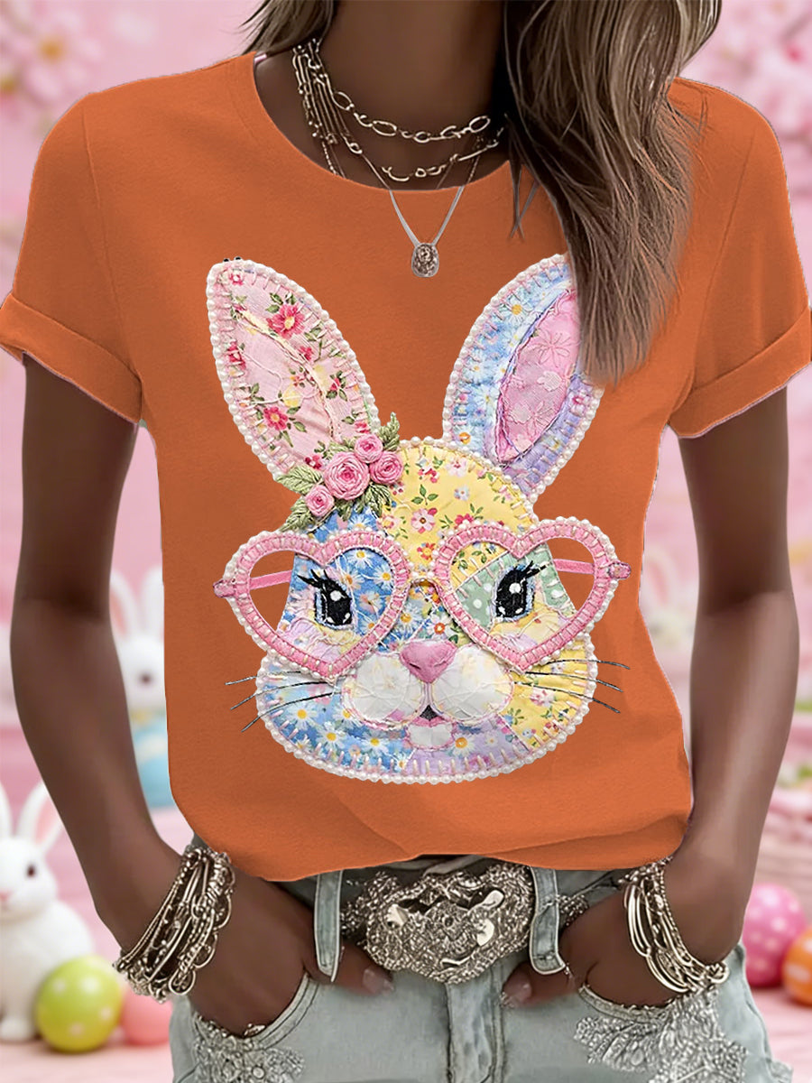 Páscoa das mulheres Floral Bunny Patchwork Imprimir Casual Tee