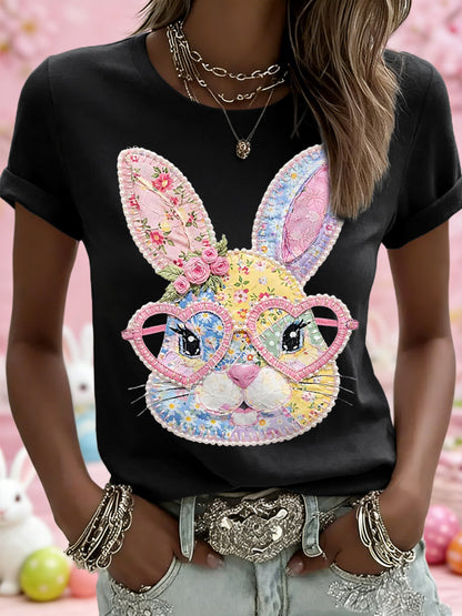 Páscoa das mulheres Floral Bunny Patchwork Imprimir Casual Tee