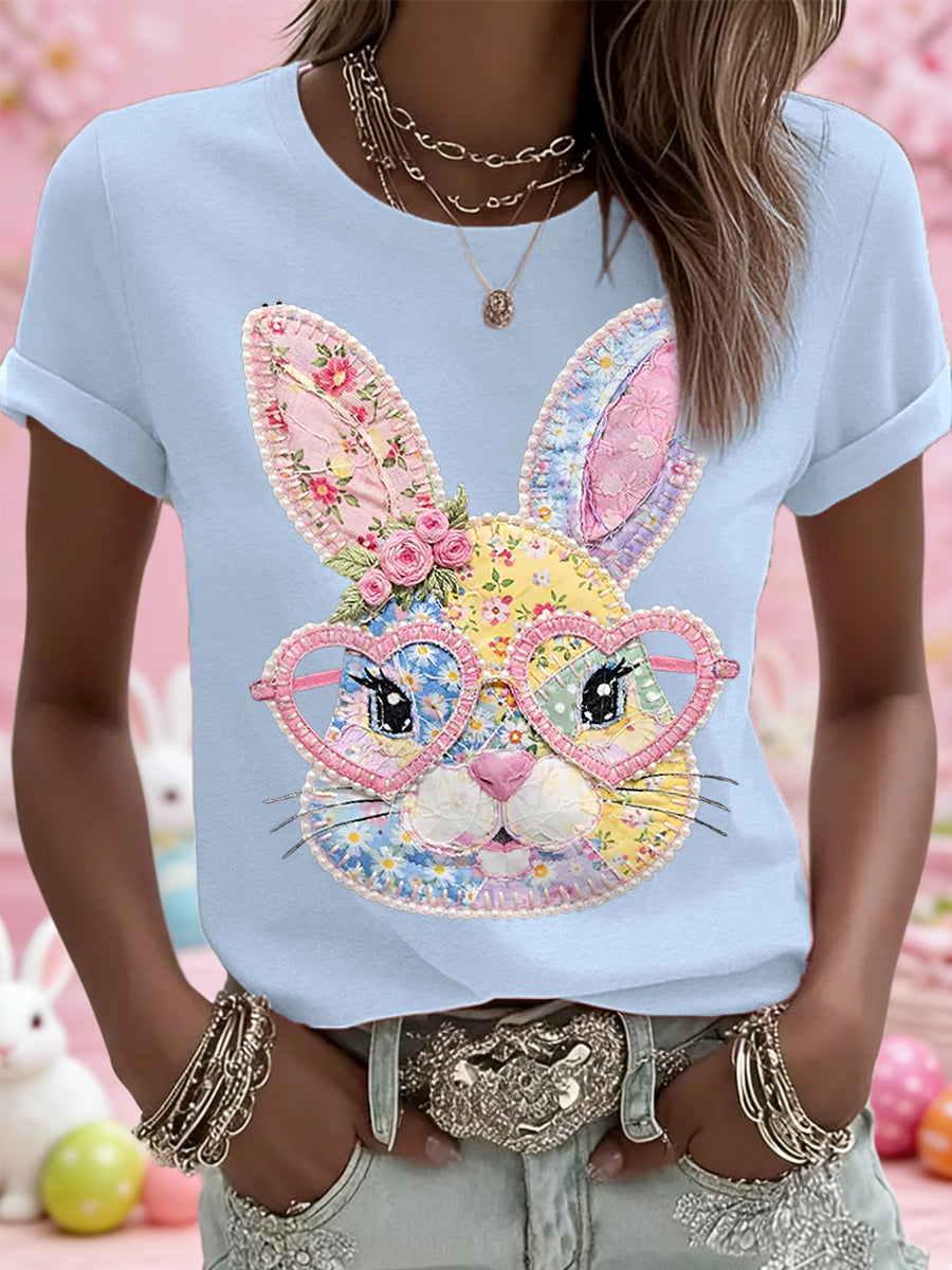 Páscoa das mulheres Floral Bunny Patchwork Imprimir Casual Tee