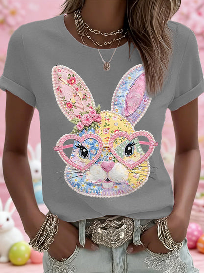 Páscoa das mulheres Floral Bunny Patchwork Imprimir Casual Tee