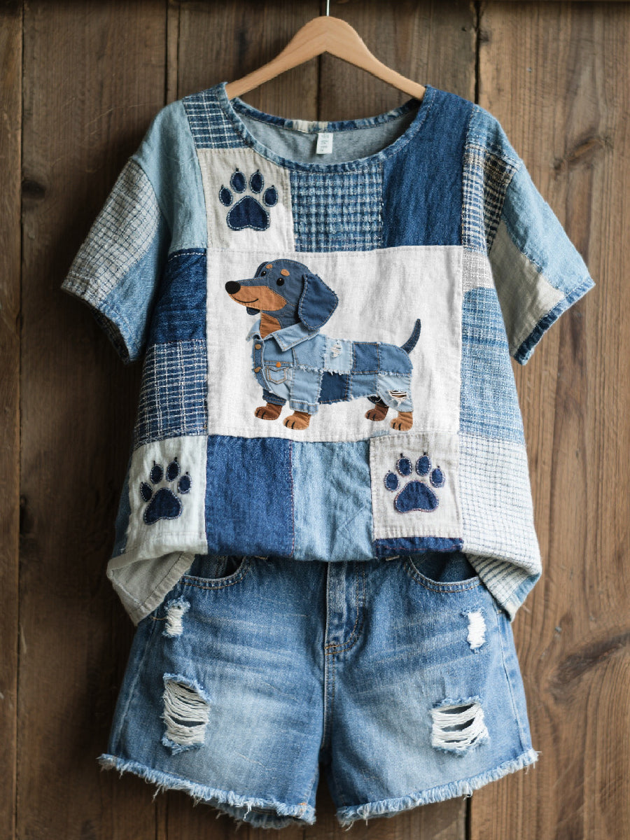 Adorável Dachshund padrão Patchwork Art Top das mulheres