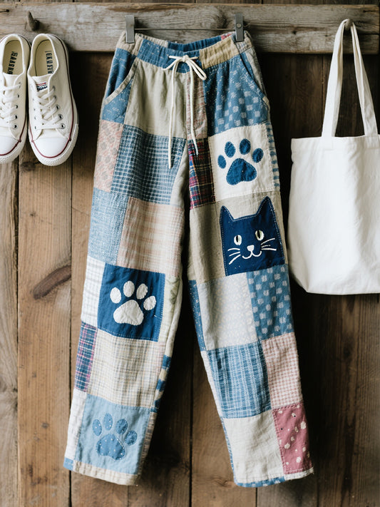 Adorável gato padrão Patchwork Art linho mistura calças das mulheres
