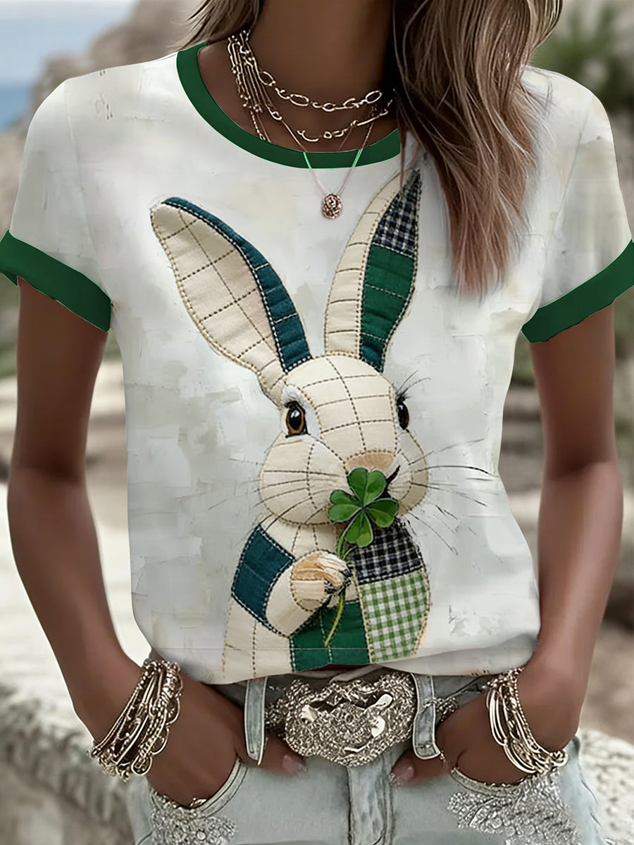 T-shirt de manga curta bonito do coelho arte feminino