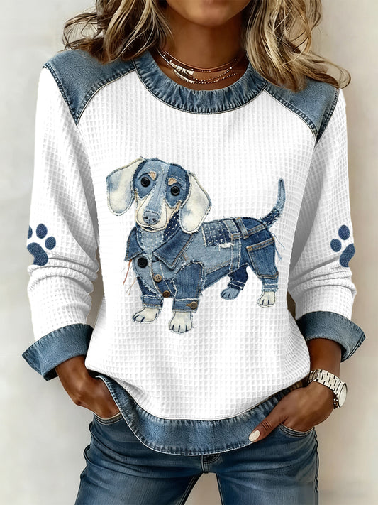 Adorável Dachshund padrão Denim Patchwork arte moletom das mulheres
