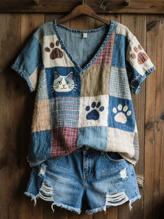 Gato lindo Patchwork arte V-Neck Top das mulheres