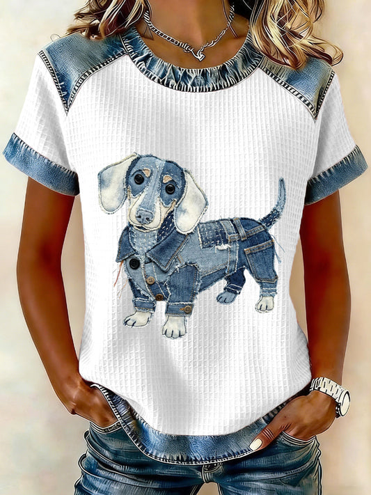 Adorável Dachshund padrão Denim Patchwork Top das mulheres