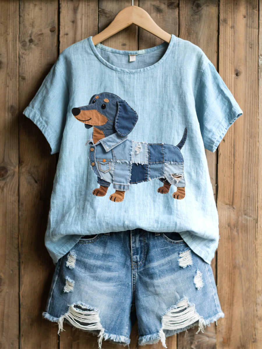 Adorável Dachshund Denim Patchwork Pattern linho mistura camisa das mulheres