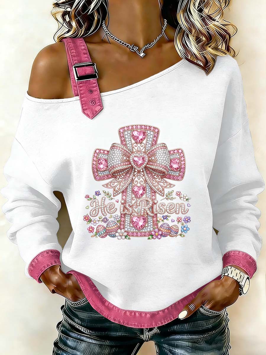 Fantasia das mulheres Coelhinho da Páscoa Imprimir Casual Off-Shoulder Sweatshirt