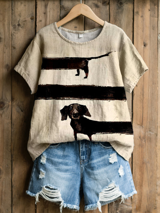 Dachshund Art Print Linho Mistura T-shirt das mulheres