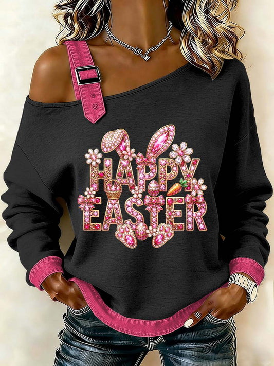 Fantasia das mulheres Coelhinho da Páscoa Imprimir Casual Off-Shoulder Sweatshirt