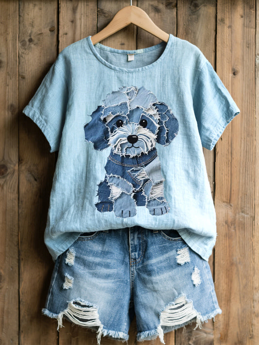Cão adorável Denim Patchwork padrão linho mistura camisa das mulheres