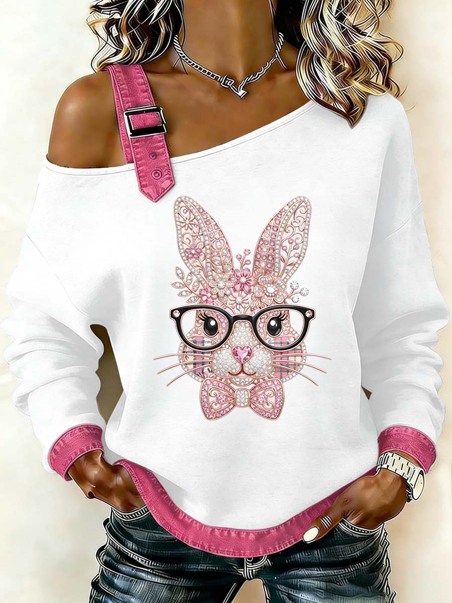 Fantasia das mulheres Coelhinho da Páscoa Imprimir Casual Off-Shoulder Sweatshirt