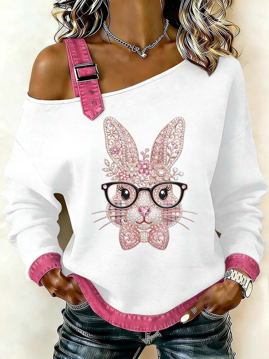Fantasia das mulheres Coelhinho da Páscoa Imprimir Casual Off-Shoulder Sweatshirt