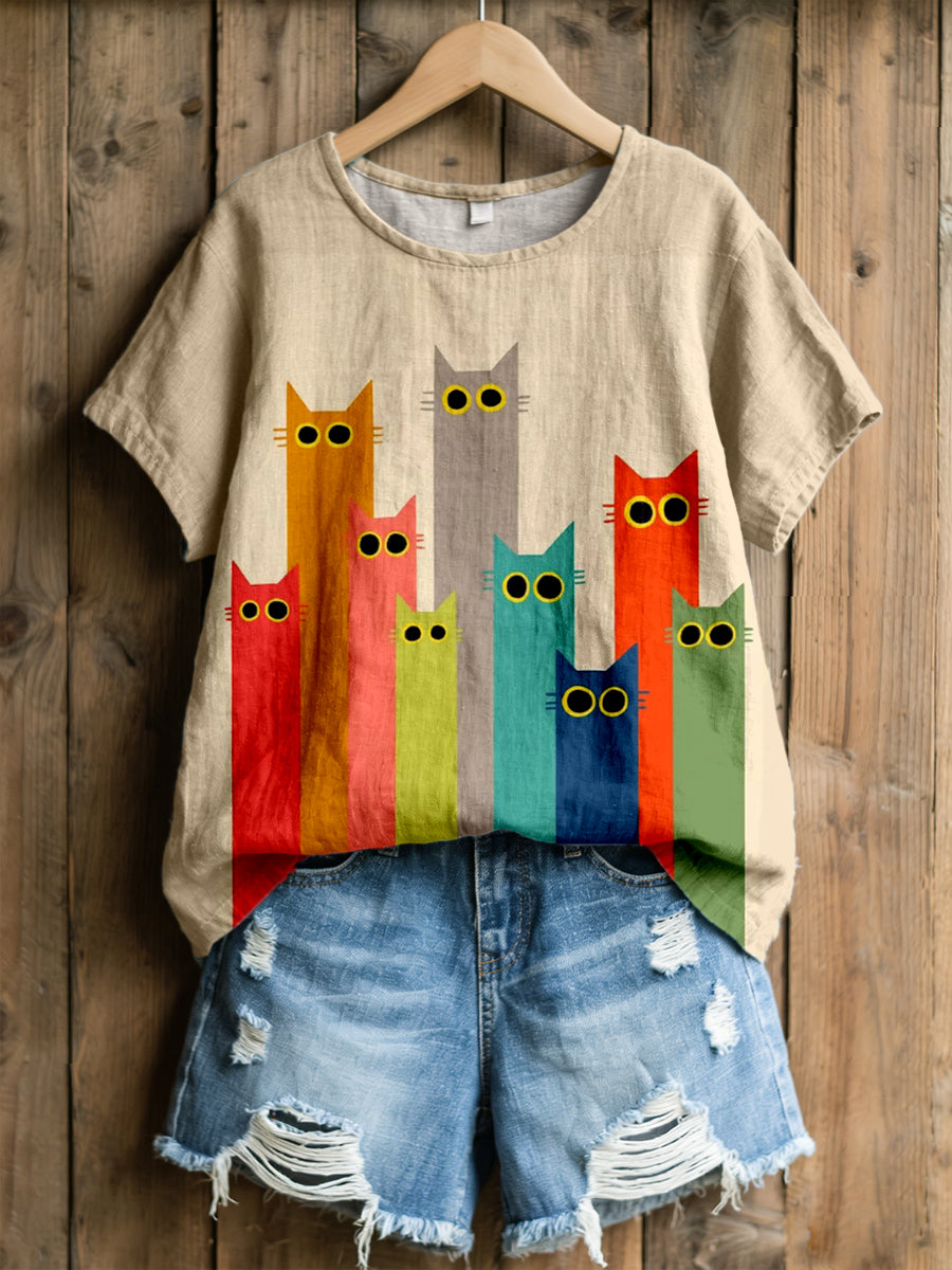 Gato lindo arte impressão linho mistura t-shirt das mulheres