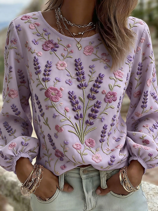 Lavanda Floral Art Print Casual T-shirt das mulheres