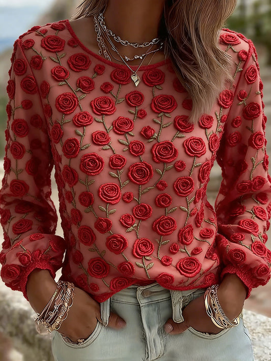 Camiseta Casual Impressão Arte Rosa Feminina