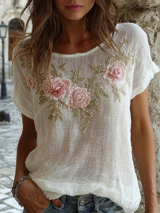 Camisa de linho mistura padrão bordado Floral feminino