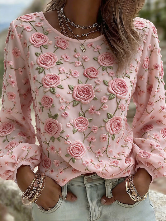 Camiseta Casual Impressão Arte Rosa Feminina