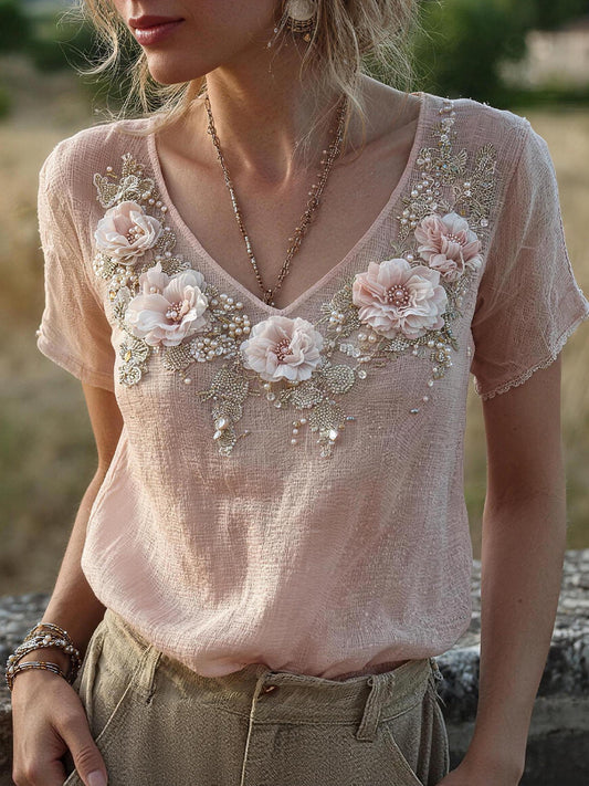 Camisa de Mistura de Linho com Estampa Floral Bordada para Mulheres