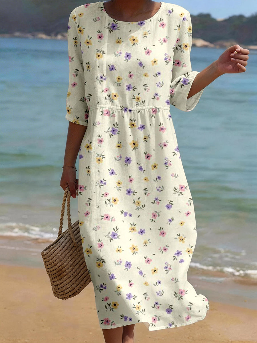 Vestido Mistura de linho padrão Floral feminino